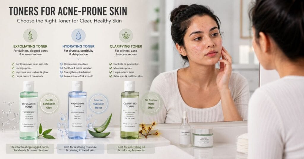Different toners for acne-prone skin including exfoliating, hydrating, and clarifying toners for pores, oil control, and hydration.