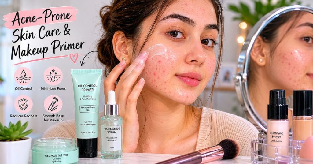 Woman applying primer on acne-prone oily skin with skincare products on vanity table.