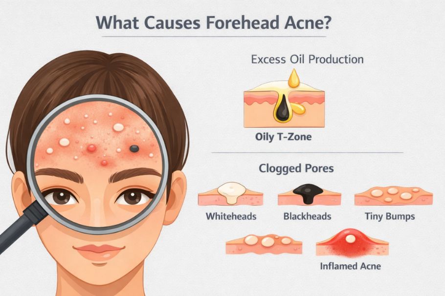 Causes of forehead acne with oil production, clogged pores, and different acne type