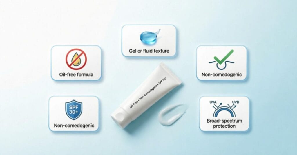 Infographic showing important features of acne prone skin sunblock including oil-free formula, non-comedogenic label, gel texture, SPF 30, and broad-spectrum protection.