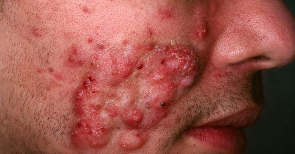 Close-up of bacterial acne with red pimples, pus-filled breakouts, swelling, and irritated skin on the face.