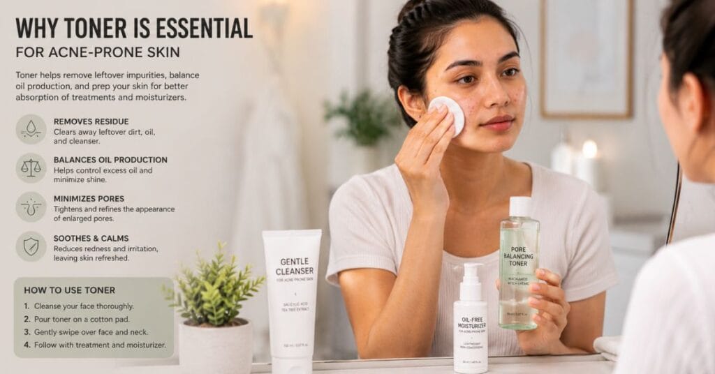 Woman applying toner on acne-prone skin after cleansing with skincare products on bathroom counter.