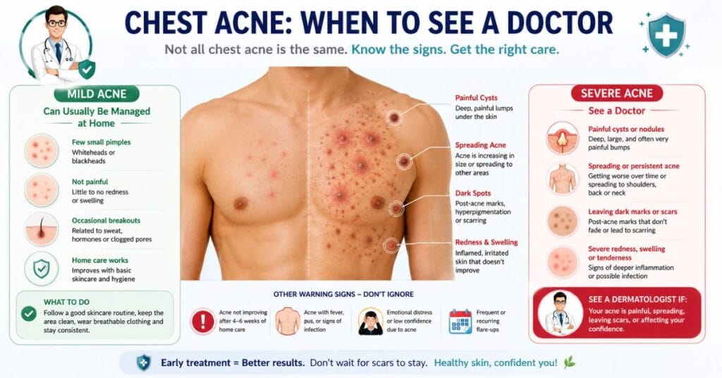 Infographic showing when to see a doctor for chest acne, including painful cysts, worsening acne, dark spots, scars, and severe redness requiring dermatologist treatment.