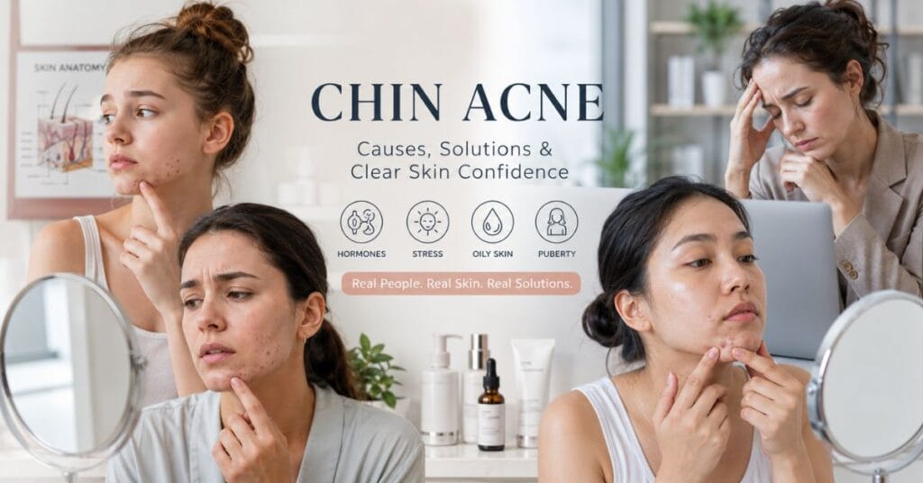 “Different people experiencing hormonal and oily skin related chin acne in a professional skincare setting”