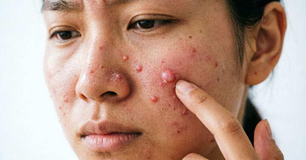 Why do spots hurt when you touch them showing hand touching acne causing irritation and bacteria spread
