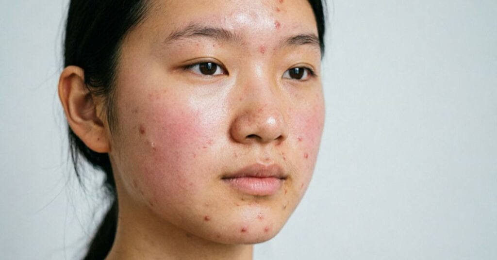 Girl face with acne breakouts showing skin problem