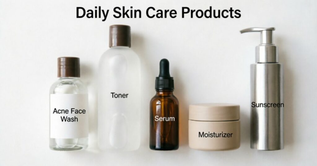 daily skincare routine with acne face wash steps