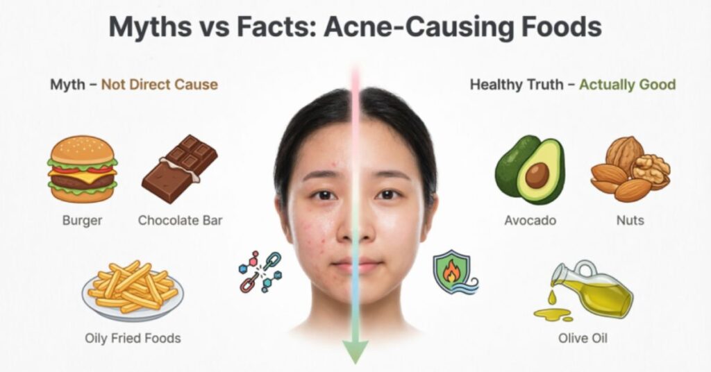 Myths and facts about acne-causing foods showing oily food, chocolate, and fats with explanation that hormones and inflammation are real causes of acne, not all foods.