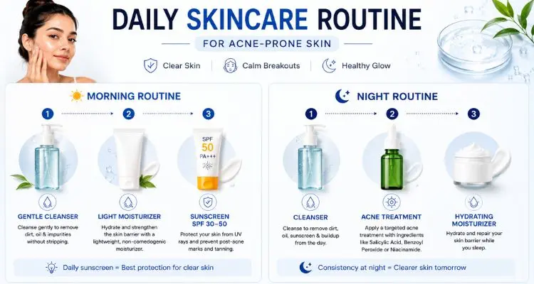 Simple morning and night skincare routine for acne-prone skin.