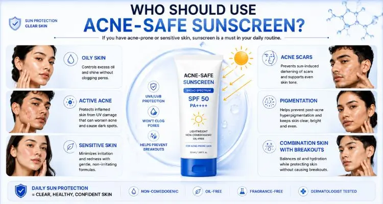 Different skin types that benefit from using acne-safe sunscreen for daily protection.