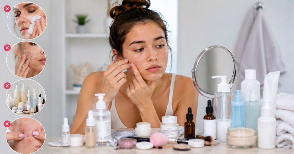 “Common skincare mistakes like popping pimples, overwashing face, using harsh scrubs, skipping moisturizer, sleeping with makeup, and changing products too often shown in a dermatology concept image.”