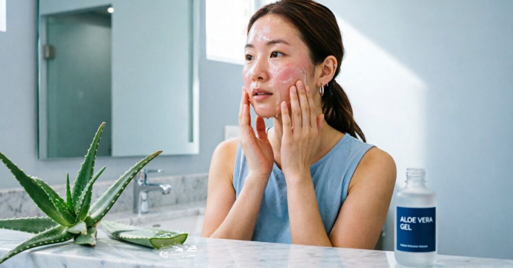 Aloe vera skincare treatment soothing redness and providing lightweight hydration for forehead acne, helping calm irritated skin and support healing.