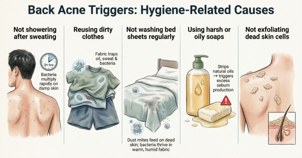 poor hygiene habits causing back acne like dirty clothes and not showering after sweat