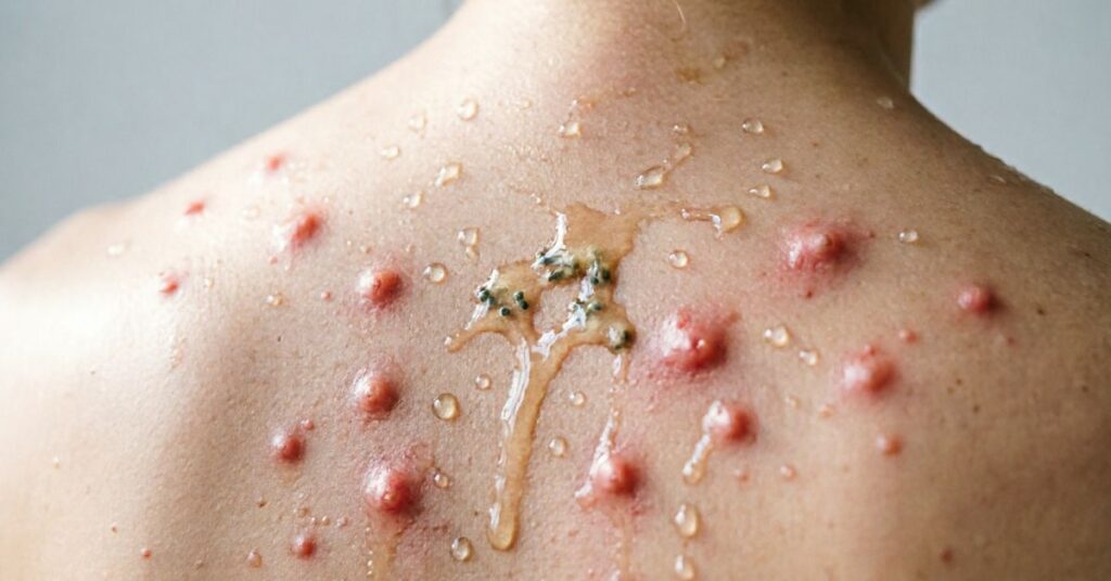 back acne caused by excess oil and sweat clogging pores on skin