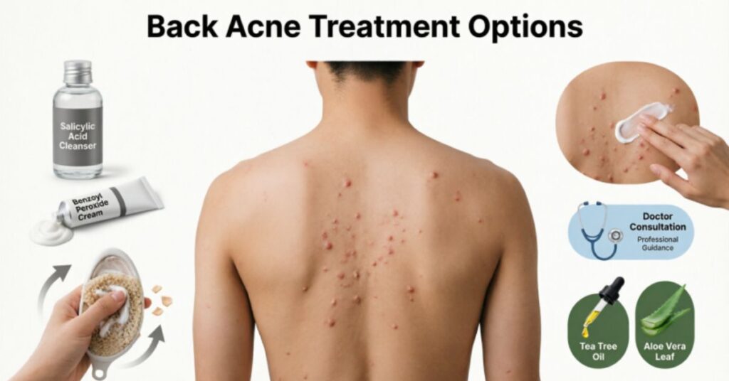 Back Acne Causes: Complete Guide to Clear Skin back acne treatment options showing salicylic acid benzoyl peroxide exfoliation creams and natural remedies for clear skin