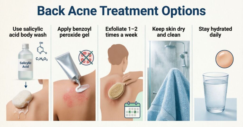 back acne treatment options including salicylic acid benzoyl peroxide exfoliation and clean skincare routine