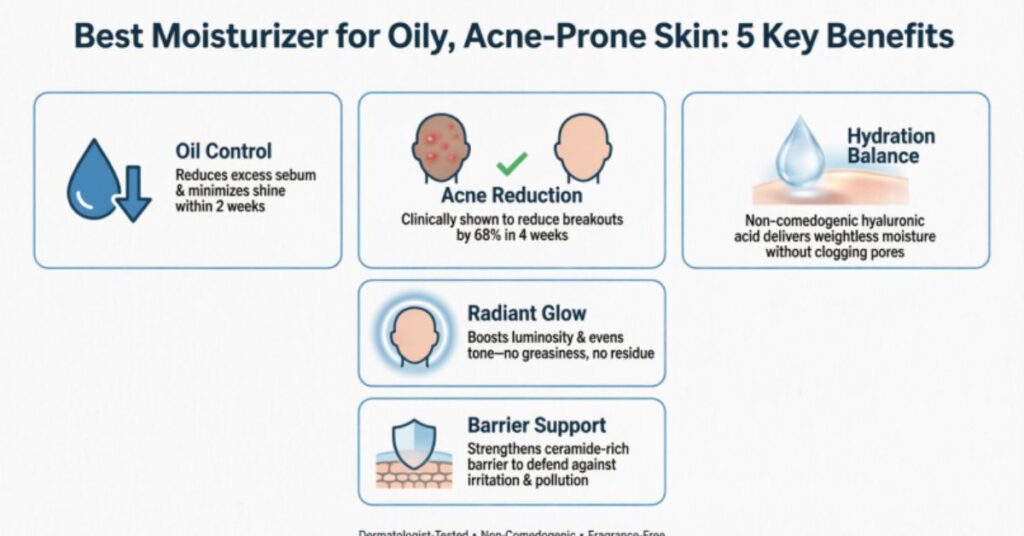 Best Moisturizer for Oily Acne Prone Skin benefits of best moisturizer for oily acne prone skin oil control acne reduction hydration glow skin barrier protection infographic