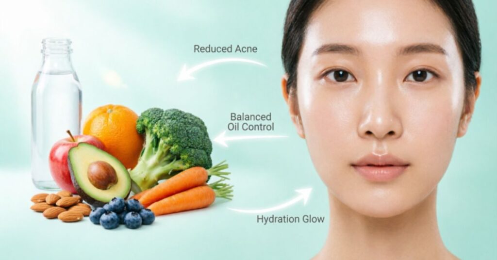 Healthy foods like fruits and vegetables improving skin health by reducing acne, controlling oil, boosting hydration, and enhancing skin texture in a skincare concept.