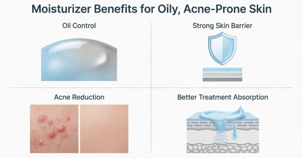 Best Moisturizer for Oily Acne Prone Skin benefits of moisturizer for oily acne prone skin oil control acne reduction skin barrier protection infographic
