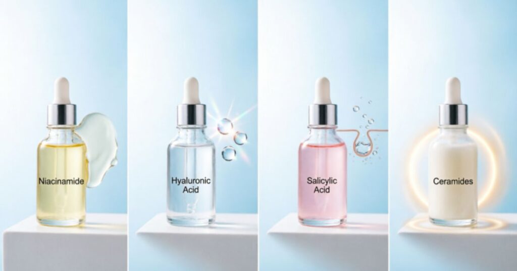 Skincare infographic showing best ingredients for acne prone skin including niacinamide, hyaluronic acid, salicylic acid, and ceramides with clean dermatology style design and glowing healthy skin effect