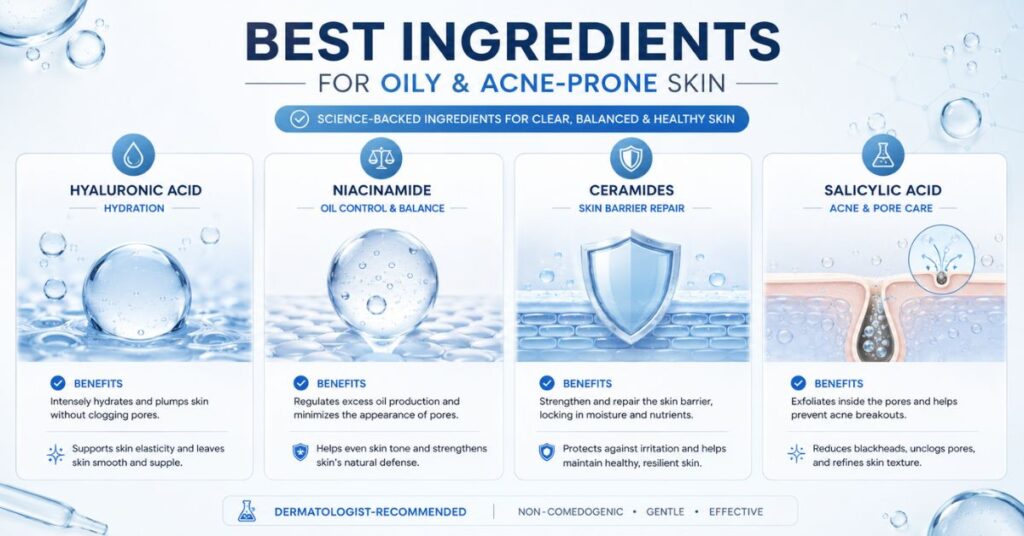 Best Moisturizer for Oily Acne Prone Skin Modern skincare infographic showing best ingredients for oily acne-prone skin including hyaluronic acid for hydration, niacinamide for oil control, ceramides for skin barrier repair, and salicylic acid for acne and pore cleansing in a clean blue clinical design.