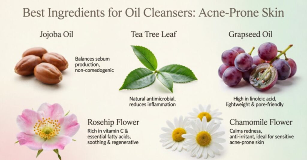 Oil Cleanser for Acne Prone Skin – Complete Guide best ingredients for oil cleanser for acne prone skin including jojoba tea tree grapeseed rosehip and chamomile