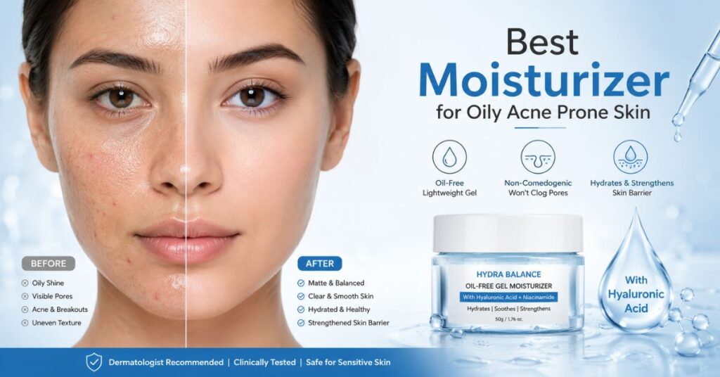 Best Moisturizer for Oily Acne Prone Skin best moisturizer for oily acne prone skin banner showing before and after skin