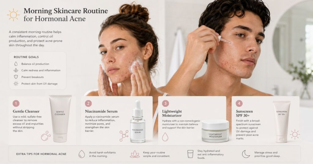 “Dermatology-style visual showing a morning skincare routine for hormonal acne including gentle cleanser, niacinamide serum, lightweight moisturizer, and sunscreen SPF 30+.”