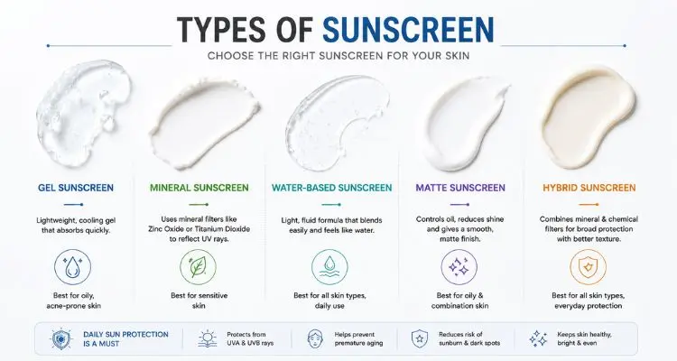 Different sunscreen textures including gel mineral and matte formulas