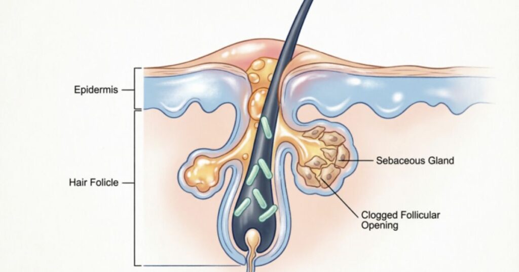 back acne causes clogged pores oil bacteria diagram