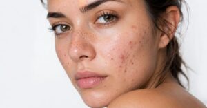 Young woman with clogged pores, blackheads, and acne-prone skin in professional skincare close-up image