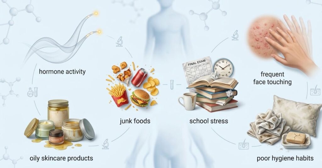 “Educational illustration showing common teen acne triggers including hormonal changes, oily skincare products, junk food, stress, frequent face touching, and poor hygiene habits in a clean dermatology-style layout.”
