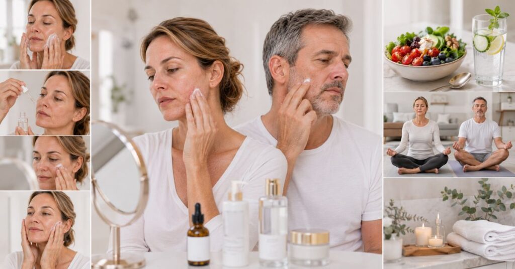 “Dermatology-style visual showing how to control hormonal acne after 40 including hydrating skincare, gentle cleansing, careful retinoid use, healthy diet, and hydration.”