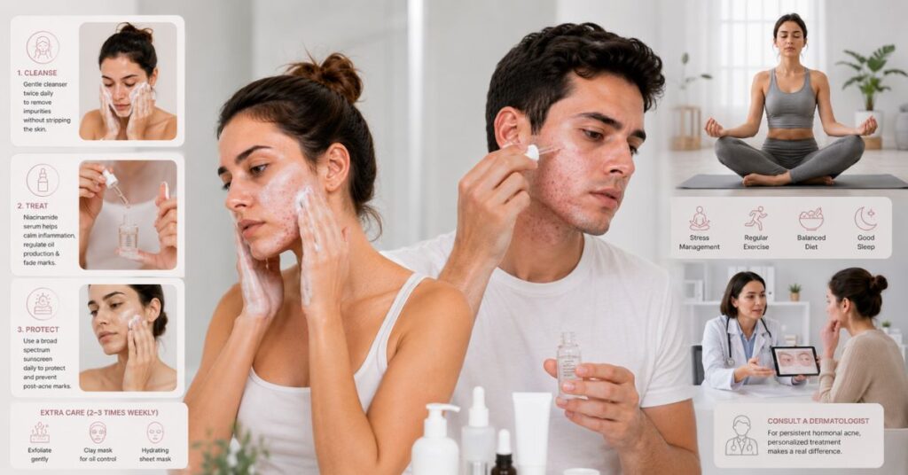 “Dermatology-style visual showing ways to control hormonal acne in the 30s including gentle skincare, niacinamide serum, sunscreen, stress management, exercise, and dermatologist consultation.”