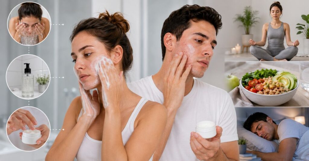 “Dermatology-style visual showing ways to control hormonal acne in your 20s including skincare routine, salicylic acid cleanser, moisturizer, healthy diet, sleep, and stress management.”