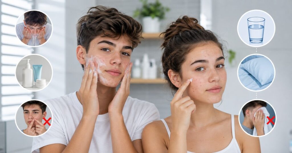 “Teen skincare routine showing steps to control hormonal acne including gentle cleansing, oil-free products, hydration, hygiene, and avoiding pimple popping in a clean dermatology-style visual.”