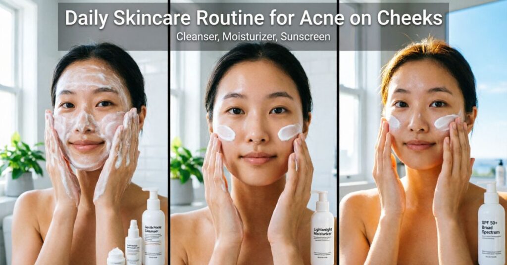  acne on cheeks meaning daily skincare routine morning cleanser moisturizer sunscreen for clear skin