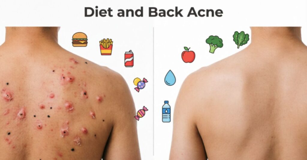 Back Acne Causes: Complete Guide to Clear Skin diet impact on back acne showing unhealthy food vs healthy food for clear skin