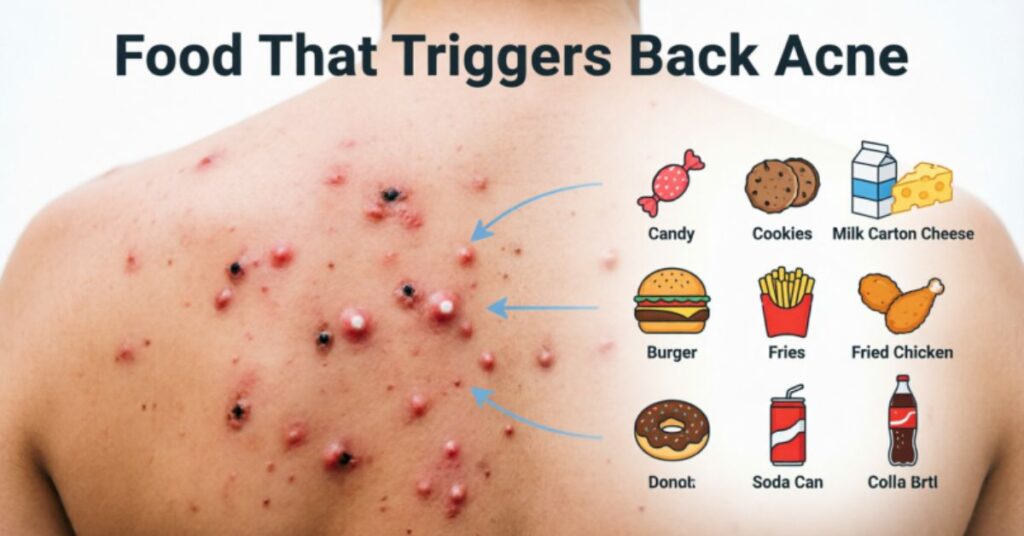 Back Acne Causes: Complete Guide to Clear Skin diet impact on back acne showing unhealthy food vs healthy food for clear skin