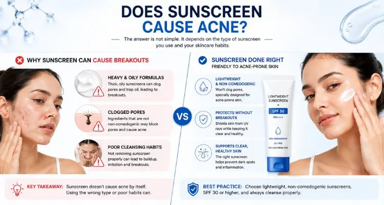 Acne-prone skin showing the difference between proper sunscreen use and common skincare mistakes.