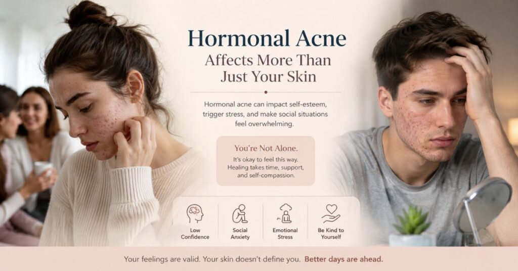 “Person looking at mirror showing emotional effects of hormonal acne including low confidence, stress, social anxiety, and depression in a calm skincare mental health concept image.”