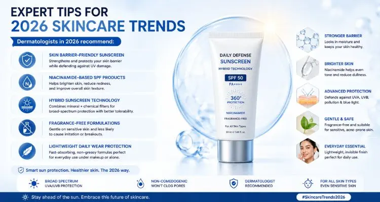 Professional skincare infographic showing expert 2026 skincare trends including skin barrier-friendly sunscreen, niacinamide SPF products, hybrid sunscreen technology, fragrance-free formulas, and lightweight daily sun protection.