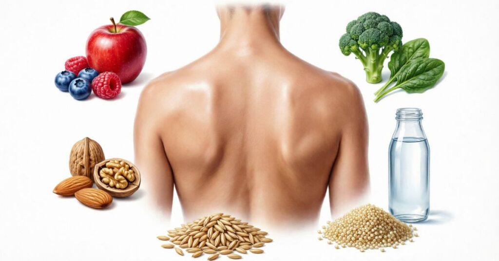 Back Acne Causes: Complete Guide to Clear Skin healthy foods that help skin including fruits vegetables nuts and water for reducing back acne and improving skin health