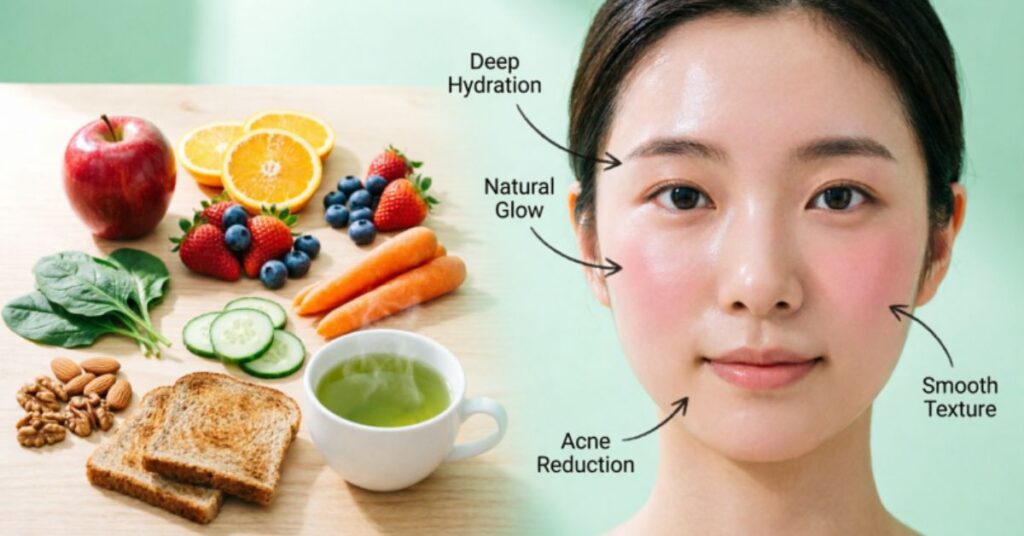 Skin-friendly foods like fruits, vegetables, nuts, whole grains, and green tea that improve skin health, reduce acne, and boost hydration in a skincare concept.