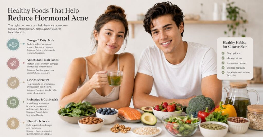 “Dermatology-style visual showing healthy foods that help hormonal acne including fruits, vegetables, nuts, fish, green tea, whole grains, and yogurt.”