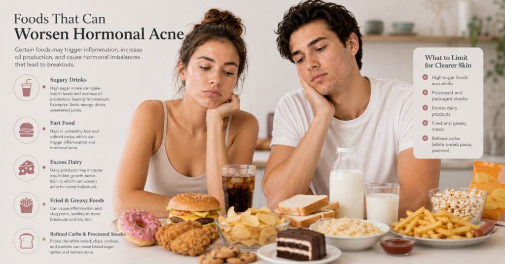 “Dermatology-style visual showing foods that may worsen hormonal acne including sugary drinks, fast food, processed snacks, excess dairy, fried foods, and white bread.”