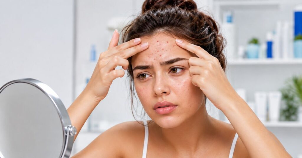 How to Get Rid of Forehead Acne: 7 Powerful Tips Young woman with forehead acne and clogged pores in a professional skincare setting