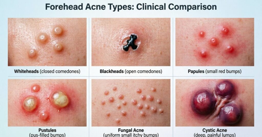 How to Get Rid of Forehead Acne: 7 Powerful Tips Different types of forehead acne including whiteheads blackheads papules pustules fungal acne and cystic acne