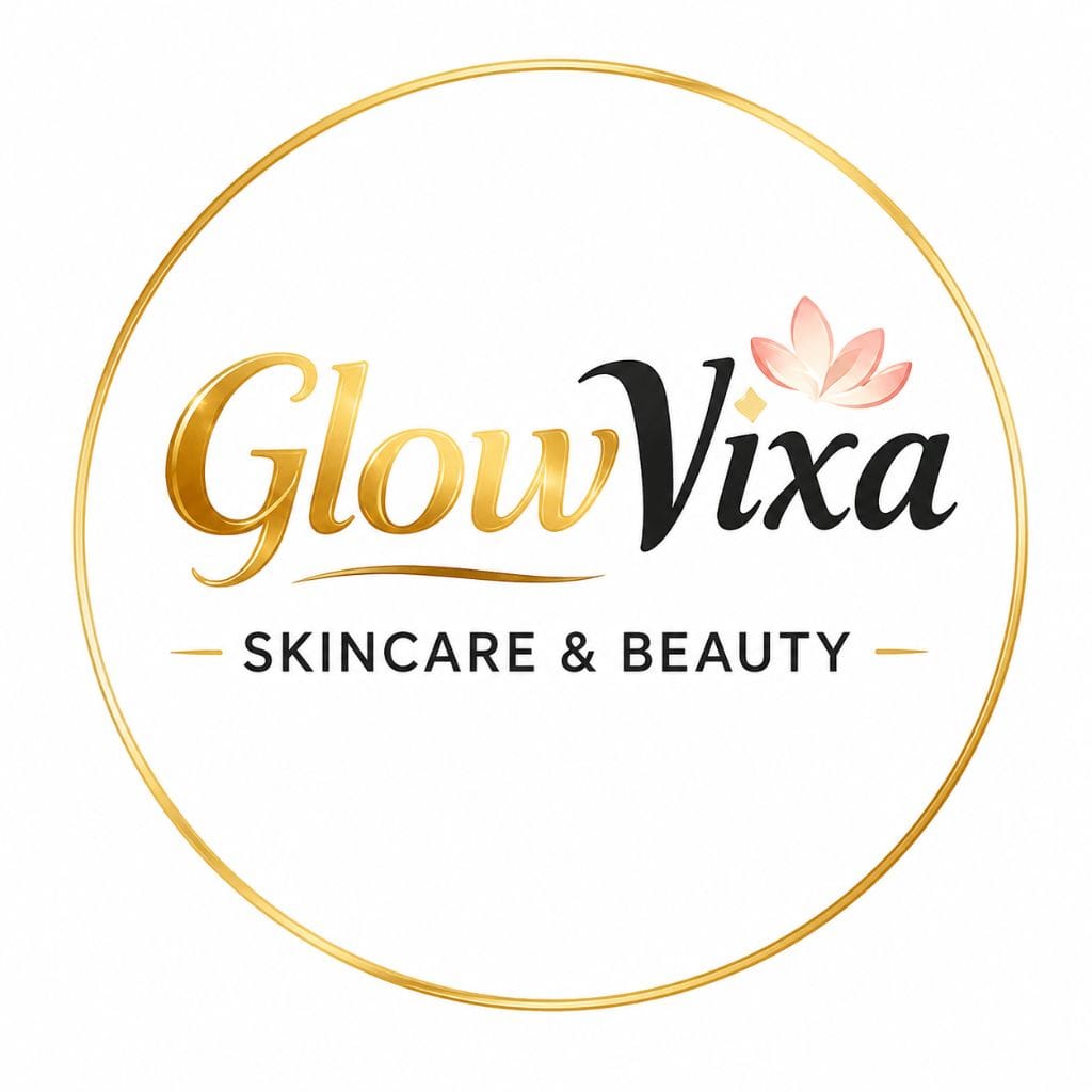 GlowVixa skincare and beauty round gold logo on white background
