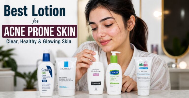 Woman using different products showing good lotion for acne prone skin for clear healthy glowing skin